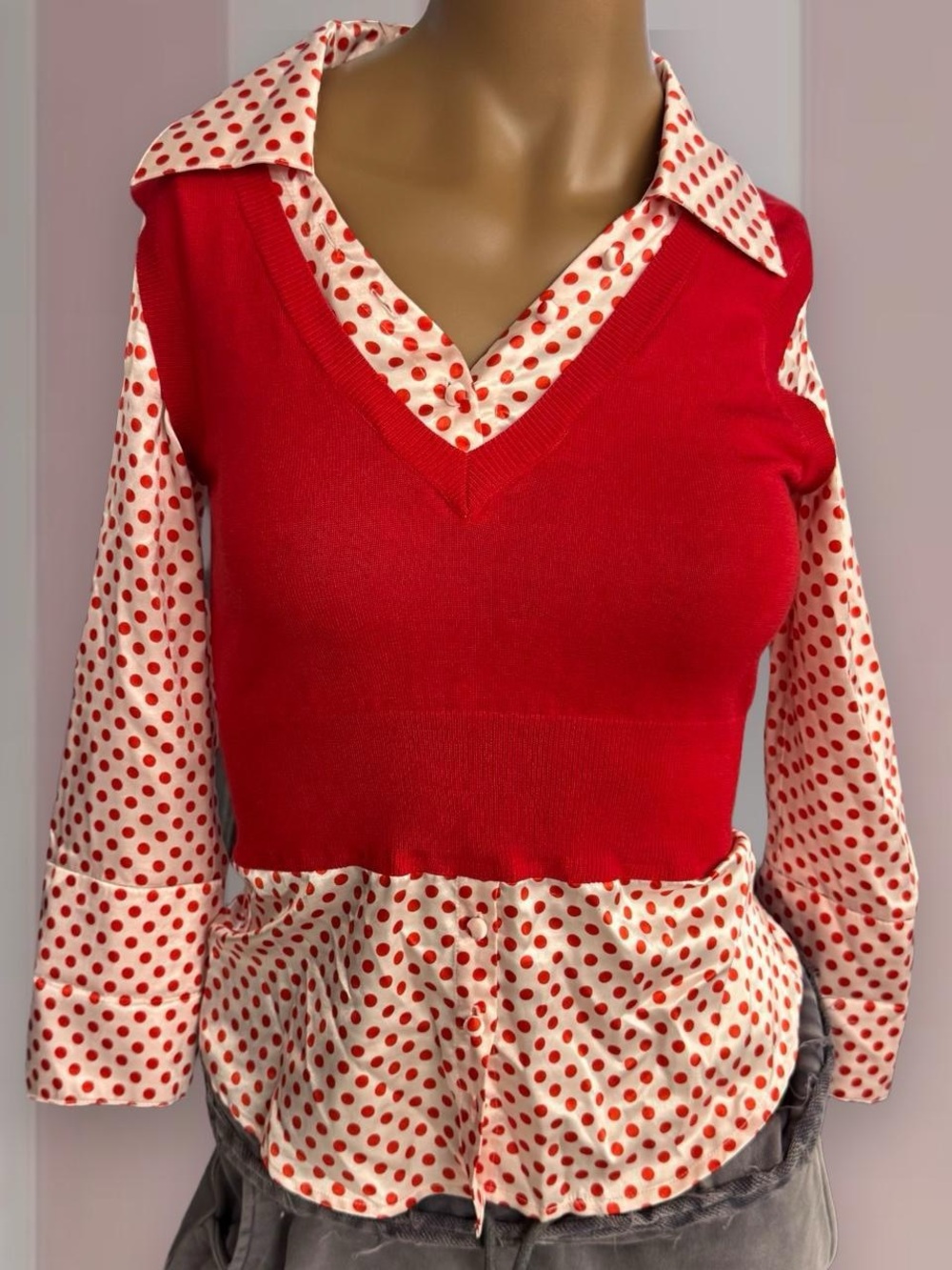 Seductions Y2K layered Red Polka dot blouse/sweater